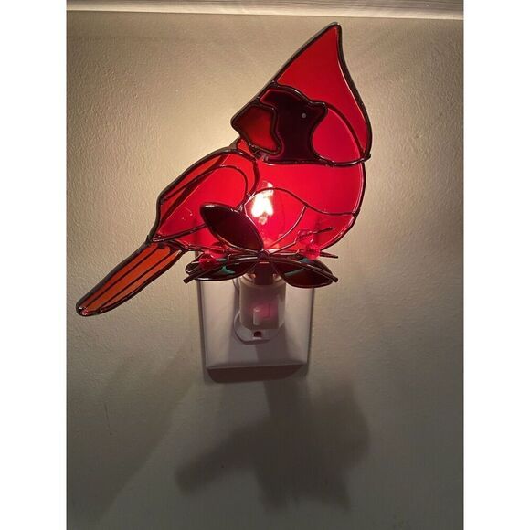 Cardinal On Branch Stained Glass Plug-In Nightlight New 4.5” - Picture 1 of 8